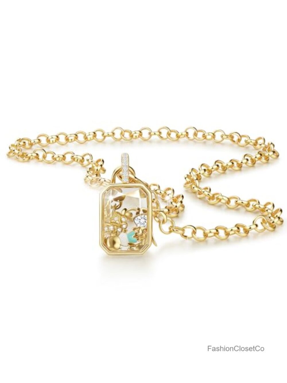 Gold Plated Rectangle Glass Floating Locket Necklace for Women, DIY Removable